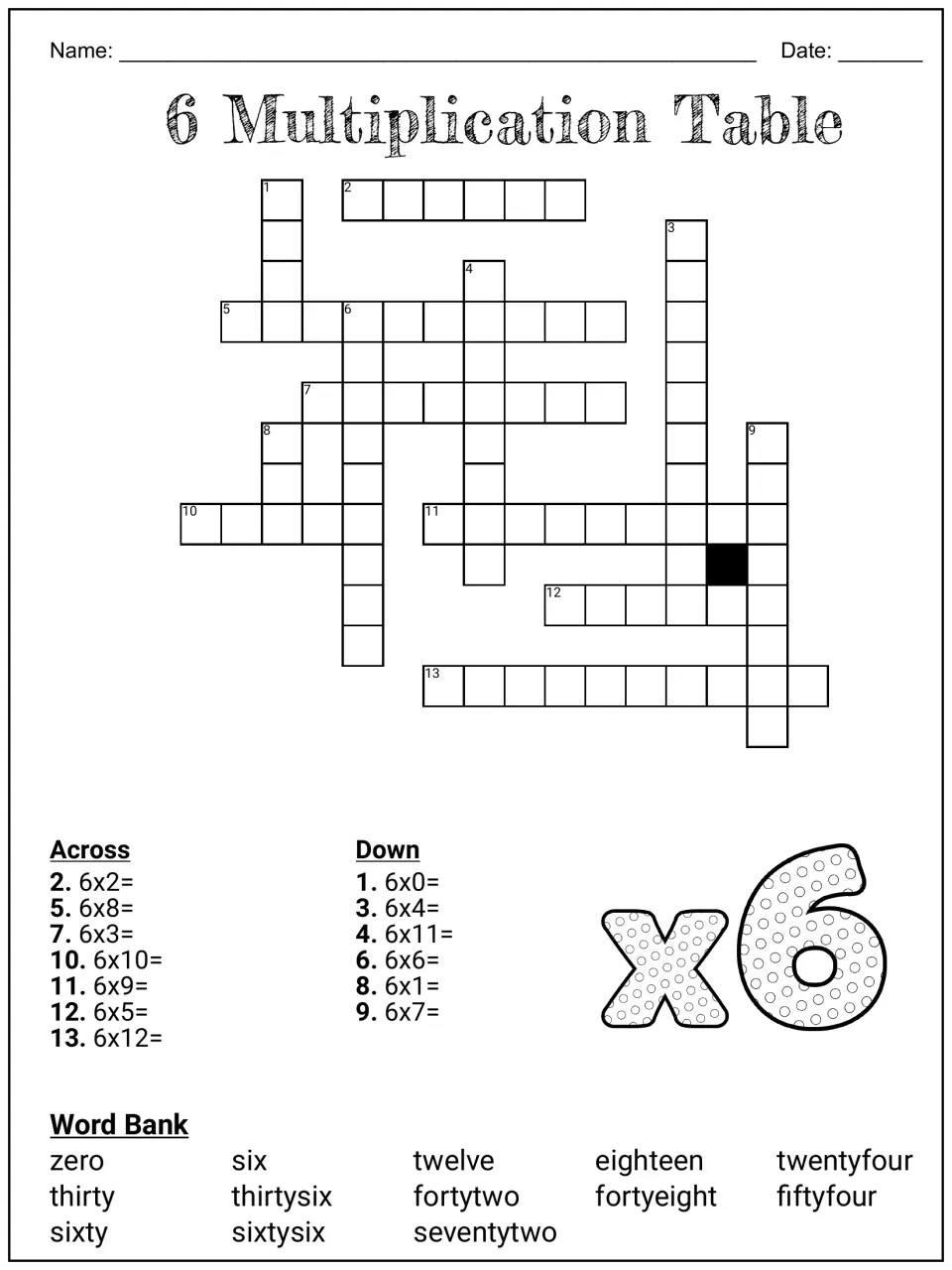 6 Multiplication Table crossword: students solve 6x clues and fill in answers as number words from a word bank