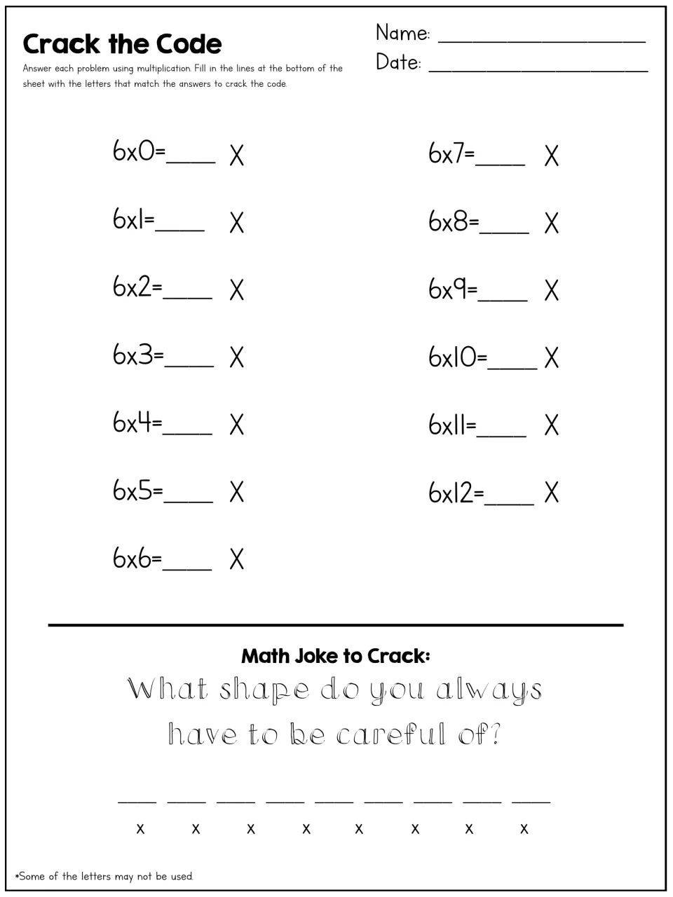 Crack the Code: students solve 6x0 to 6x12, then use the matching letters to answer a math joke about shapes