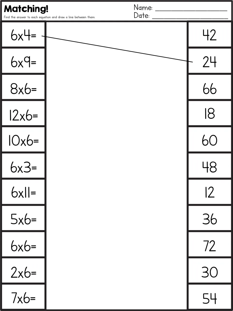 Matching: students draw lines from 11 times-6 equations, such as 6x4 and 7x6, to their products; 6x4 to 24 is done