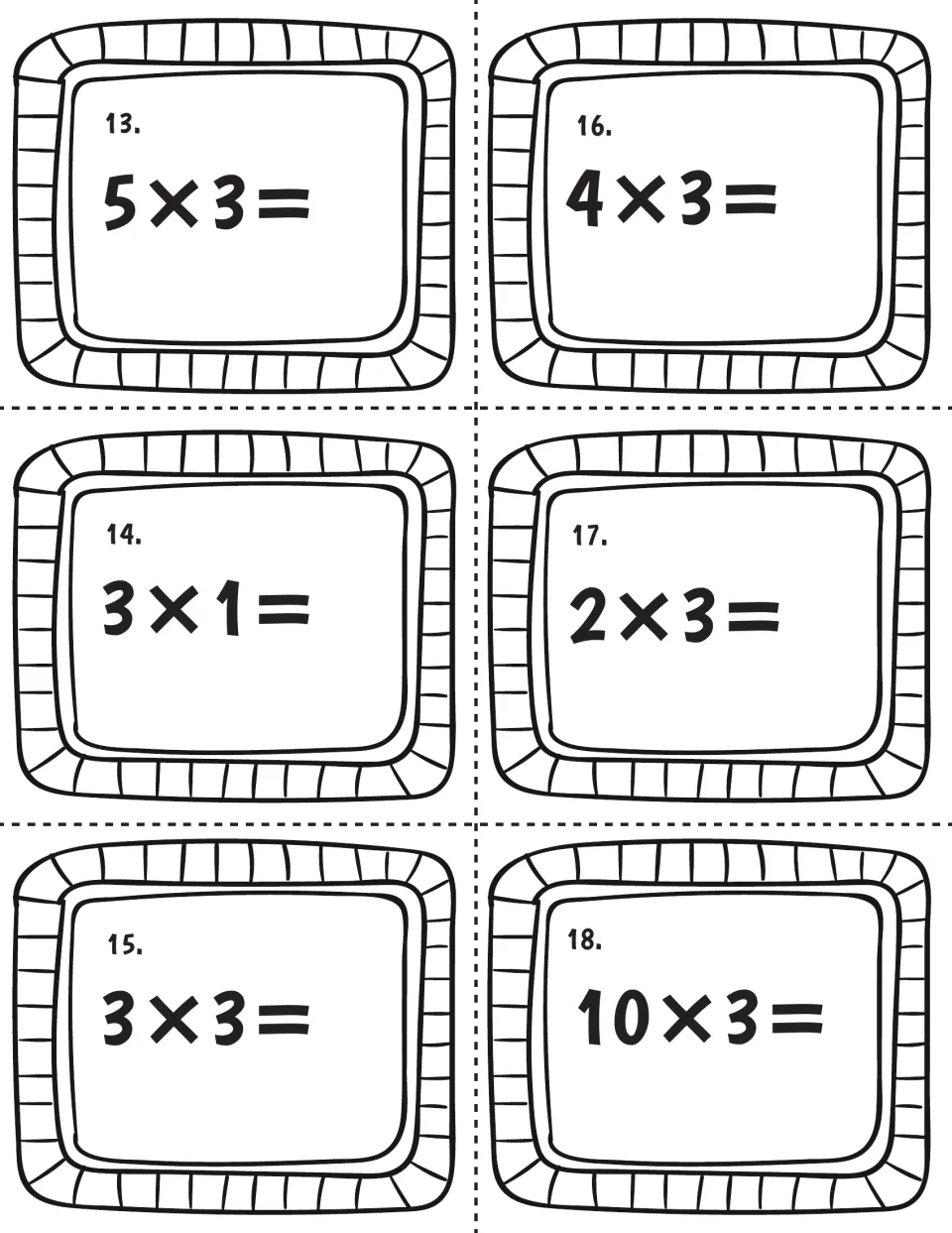 Multiplication by 3, task cards 13-18: students solve 5×3, 4×3, 3×1, 2×3, 3×3 and 10×3 to recall each product