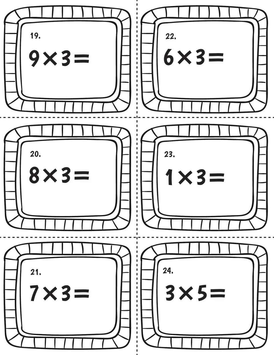 Times-3 fact cards 19-24: students multiply 9×3, 6×3, 8×3, 1×3, 7×3 and 3×5 and record each product