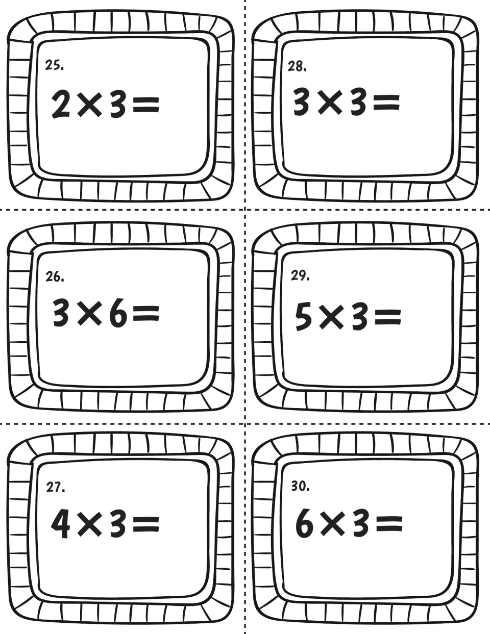 Multiplying by 3, cards 25-30: students solve 2×3, 3×3, 3×6, 5×3, 4×3 and 6×3, recalling the threes facts