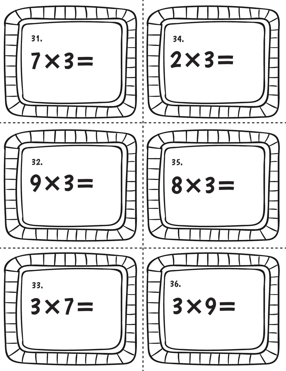 Times-3 task cards 31-36: students solve 7×3, 2×3, 9×3, 8×3, 3×7 and 3×9, seeing factors in both orders