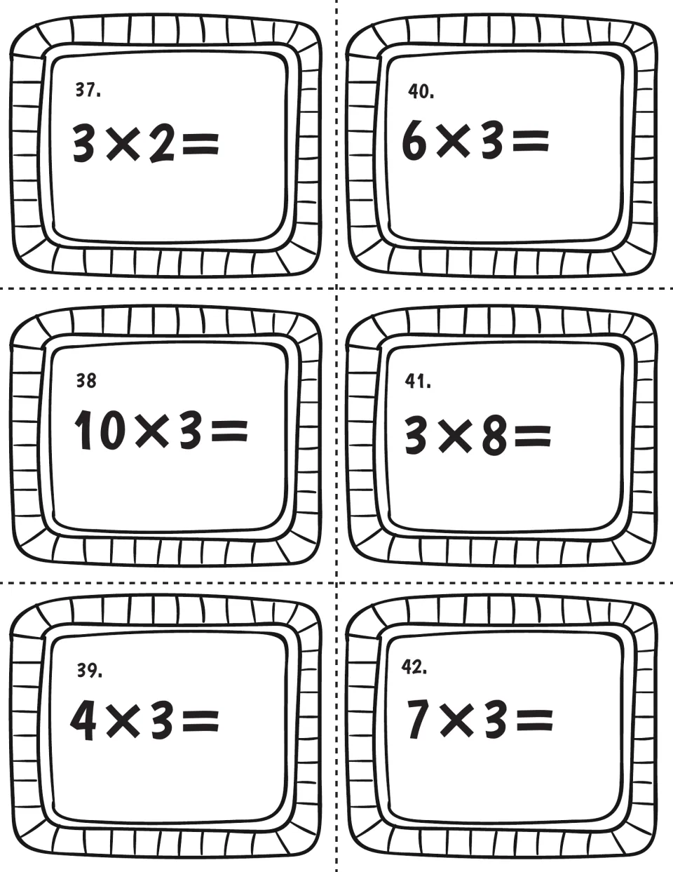 Multiplication by 3, task cards 37-42: students find 3×2, 6×3, 10×3, 3×8, 4×3 and 7×3 as times-3 fact recall