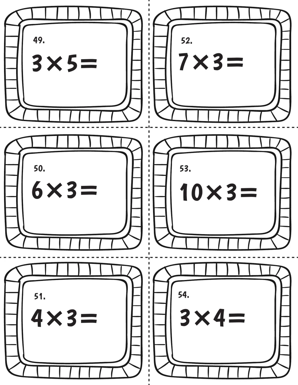 Multiplying by 3, task cards 49-54: students solve 3×5, 7×3, 6×3, 10×3, 4×3 and 3×4 using the threes facts