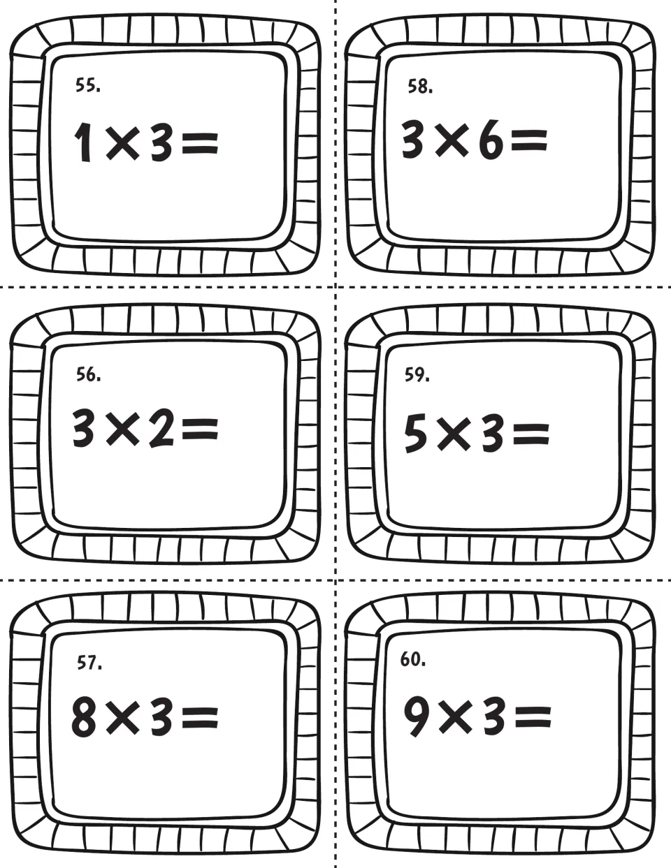 Times-3 facts, last task cards 55-60: students multiply 1×3, 3×6, 3×2, 5×3, 8×3 and 9×3 to find each product