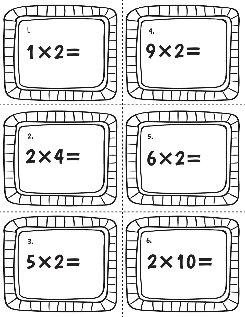 Times-2 facts, cards 1-6: students solve 1x2, 2x4, 5x2, 9x2, 6x2 and 2x10 on six cut-apart multiplication task cards