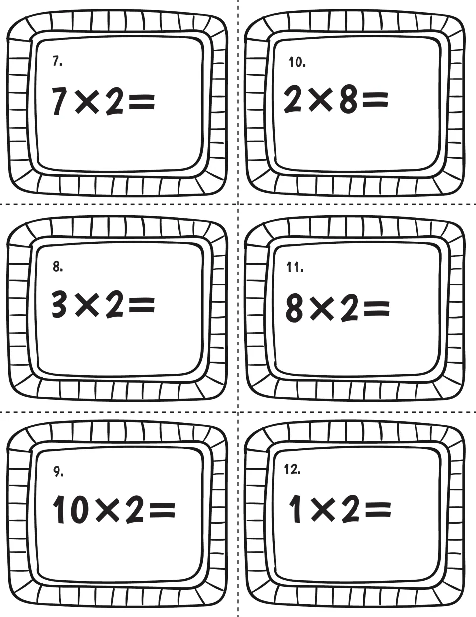 Doubling facts, cards 7-12: students find the products of 7x2, 3x2, 10x2, 2x8, 8x2 and 1x2 to practise multiplying by 2