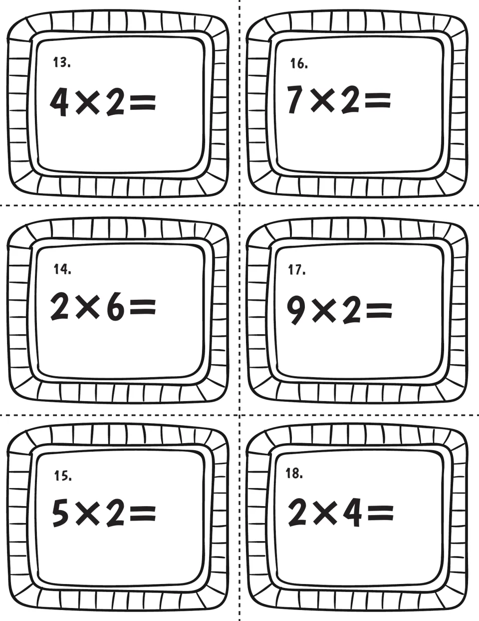Multiplying by 2, cards 13-18: students answer 4x2, 2x6, 5x2, 7x2, 9x2 and 2x4, mixing 2-first and 2-second facts