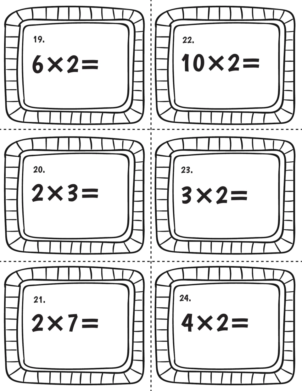 Twos facts, cards 19-24: students solve 6x2, 2x3, 2x7, 10x2, 3x2 and 4x2, including the turnaround pair 2x3 and 3x2
