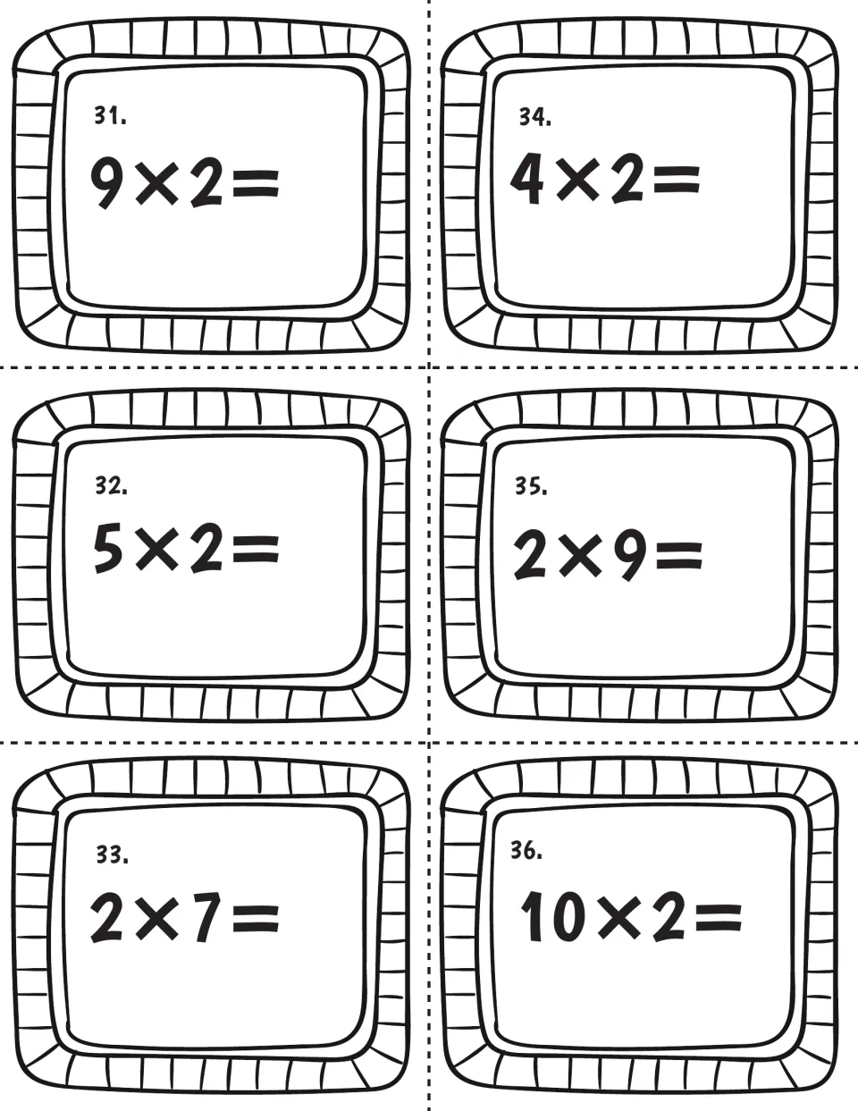 Multiplication by 2, cards 31-36: students find 9x2, 5x2, 2x7, 4x2, 2x9 and 10x2 and write each product