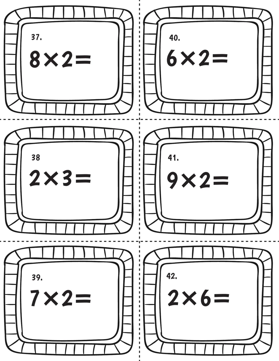 Doubles as multiplication, cards 37-42: students solve 8x2, 2x3, 7x2, 6x2, 9x2 and 2x6 to recall 2s facts
