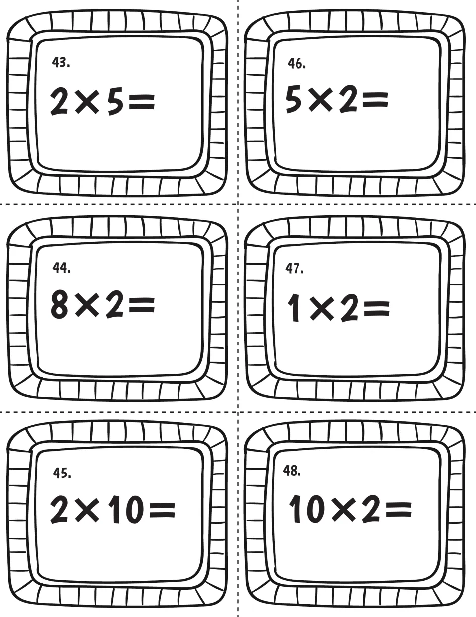 Twos multiplication, cards 43-48: students answer 2x5, 8x2, 2x10, 5x2, 1x2 and 10x2, with two turnaround pairs