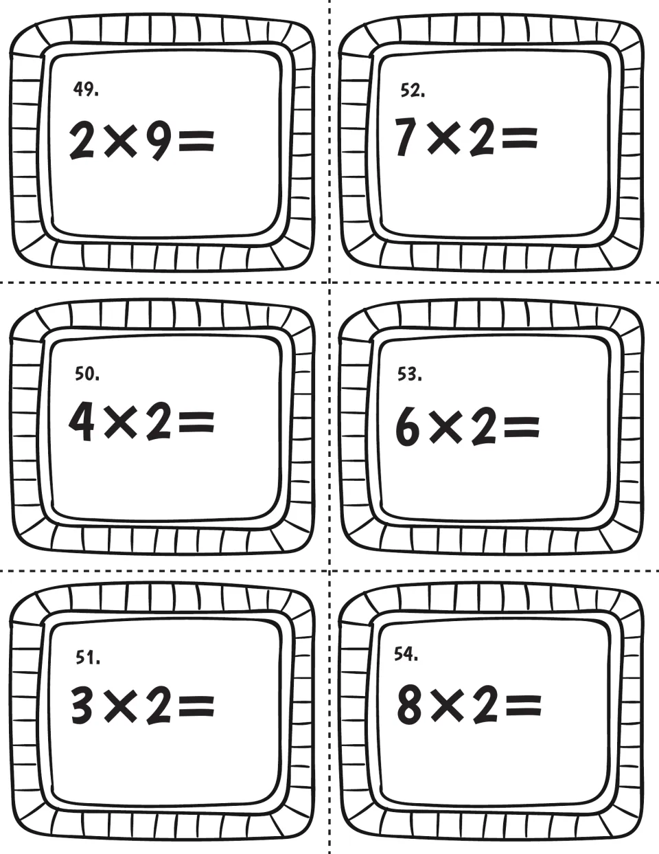 Facts with a factor of 2, cards 49-54: students compute 2x9, 4x2, 3x2, 7x2, 6x2 and 8x2 for fact recall