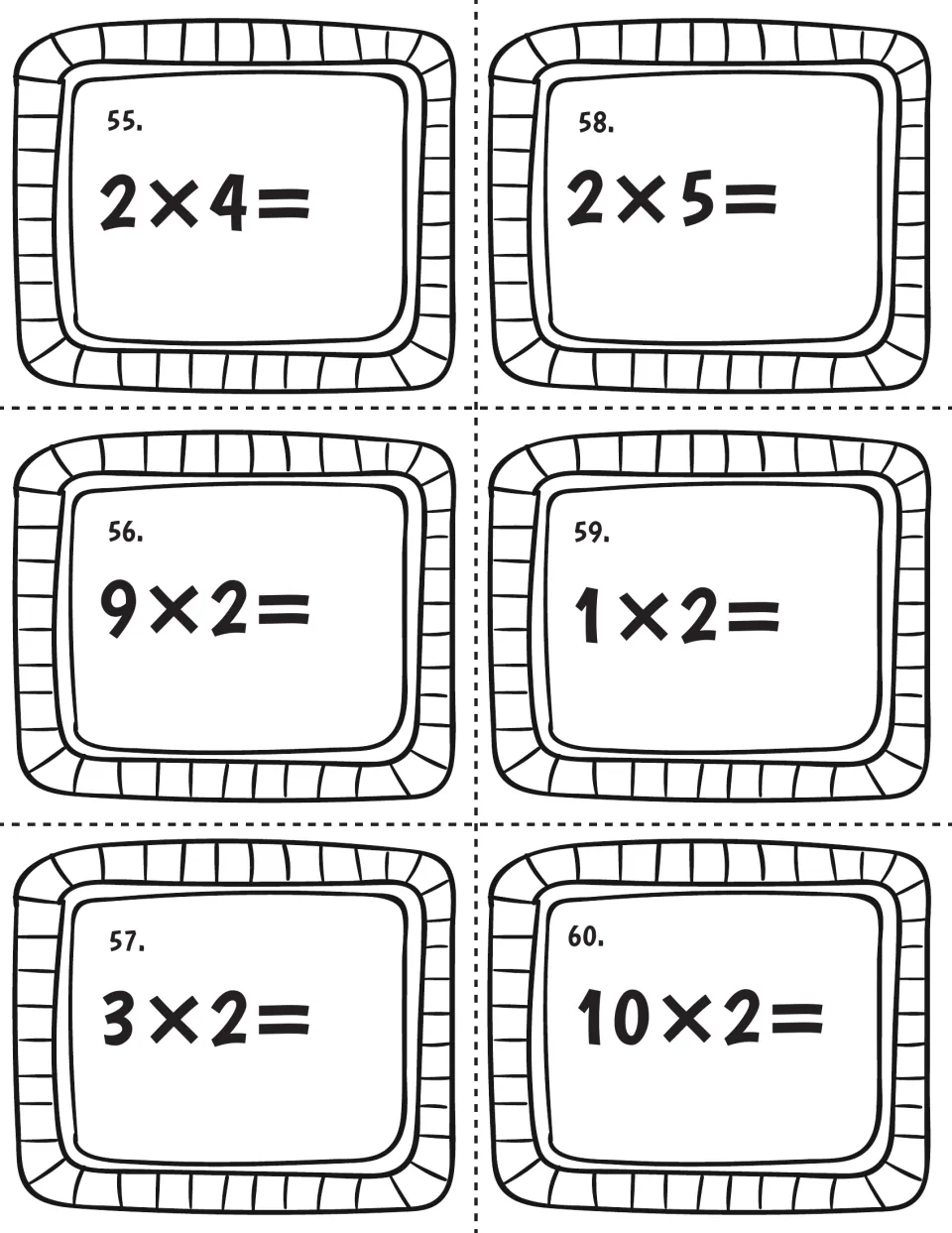 Twos fact cards 55-60: students solve 2x4, 9x2, 3x2, 2x5, 1x2 and 10x2 by doubling each number