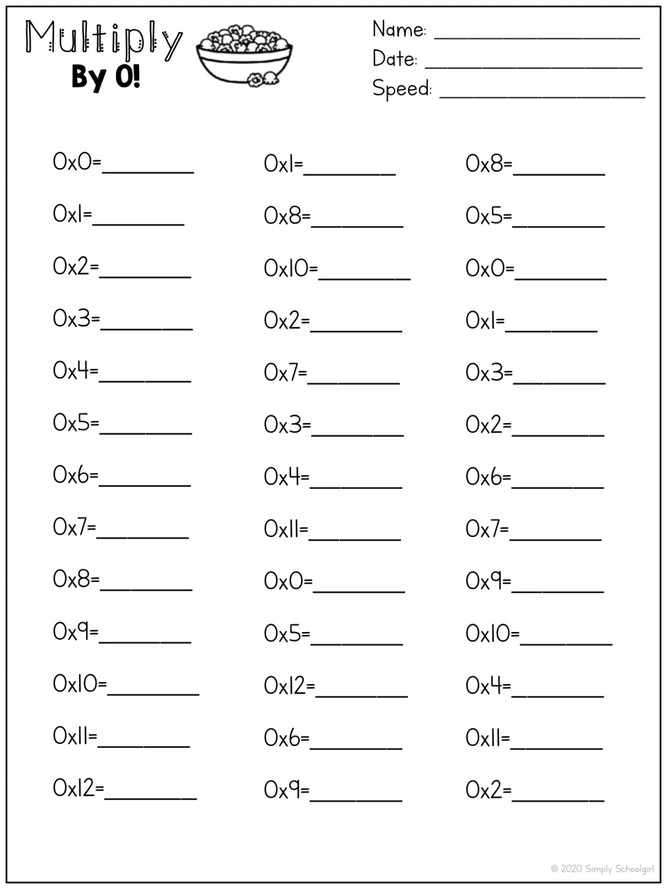 Multiplication-by-zero practice sheet: 39 problems using factors 0–12, with spaces for name, date, and speed