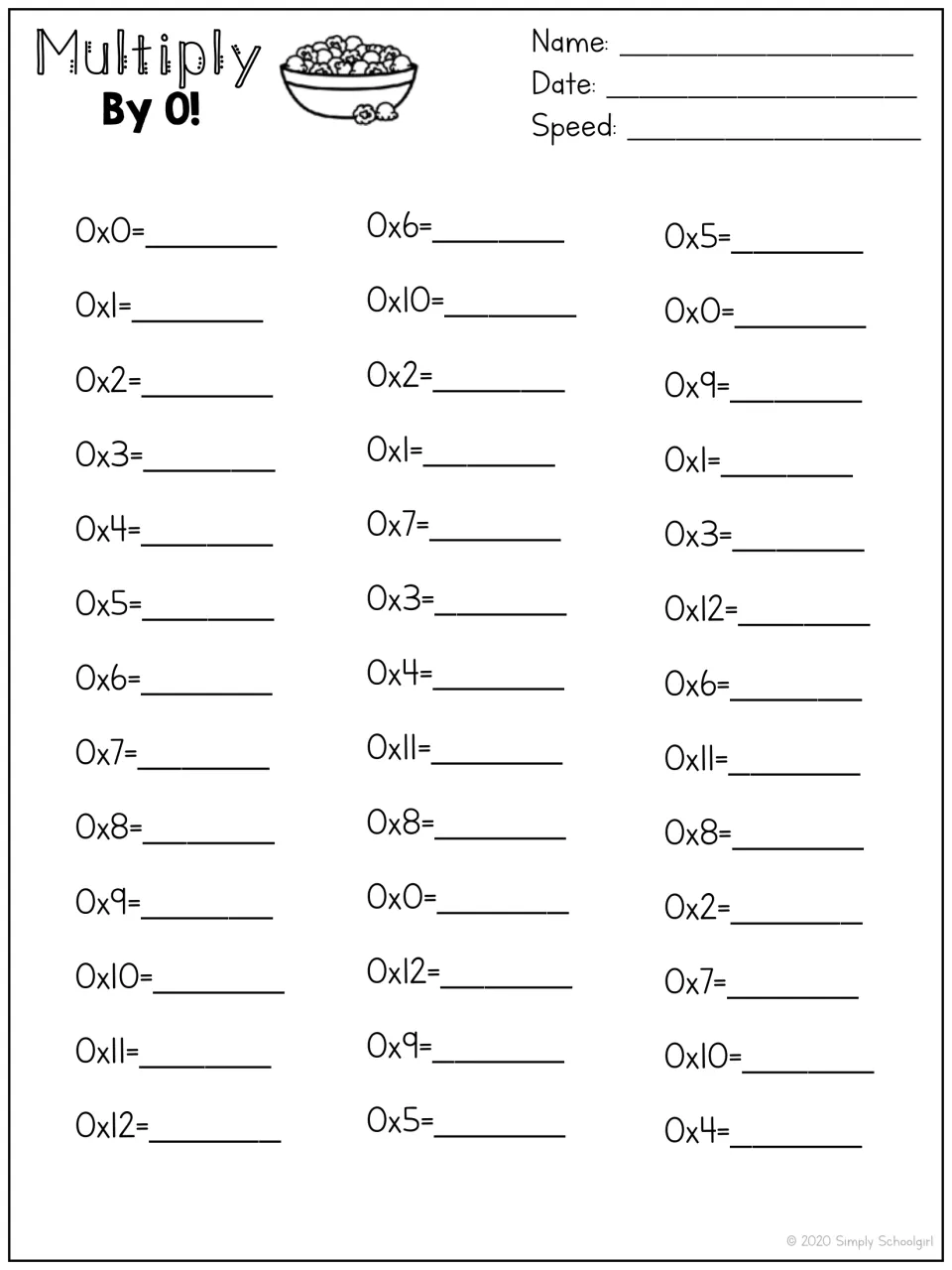Second multiplication-by-zero practice sheet: 39 problems using factors 0–12 in ordered and mixed sequences