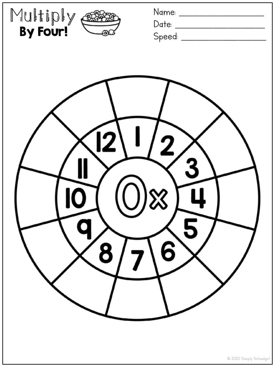 Multiplication wheel for zero facts, pairing 0× with factors 1–12; the heading reads 'Multiply By Four!'