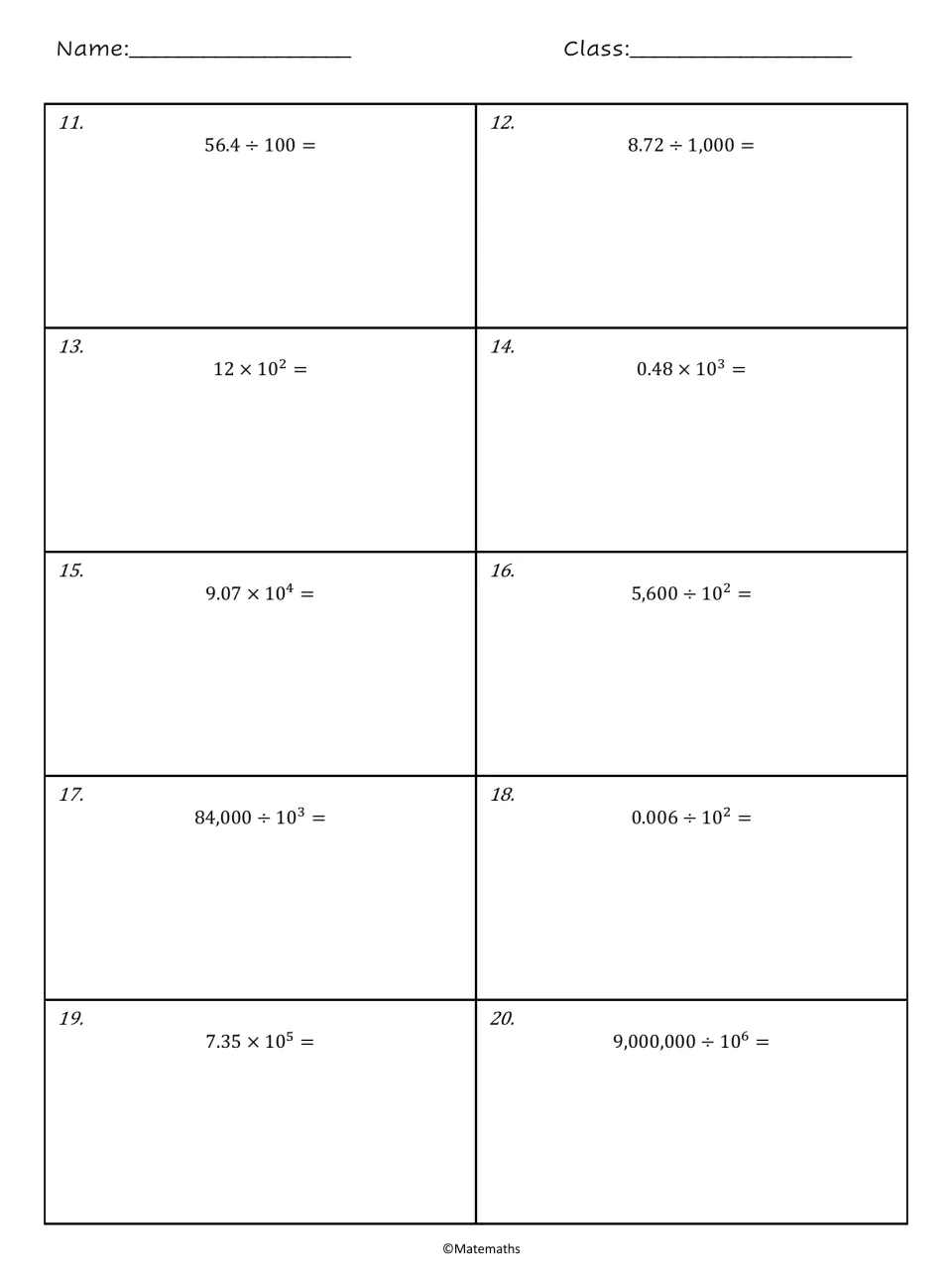 Powers of 10 practice, problems 11-20: students divide decimals and use exponents, such as 12 × 10² and 9,000,000 ÷ 10⁶