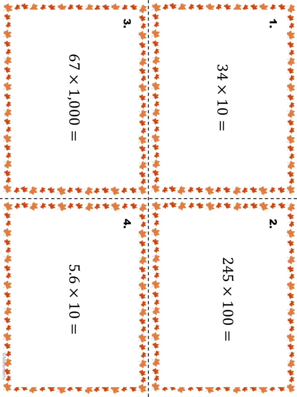 Task cards 1-4, multiplying by powers of 10: students solve 34 × 10, 245 × 100, 67 × 1,000 and 5.6 × 10