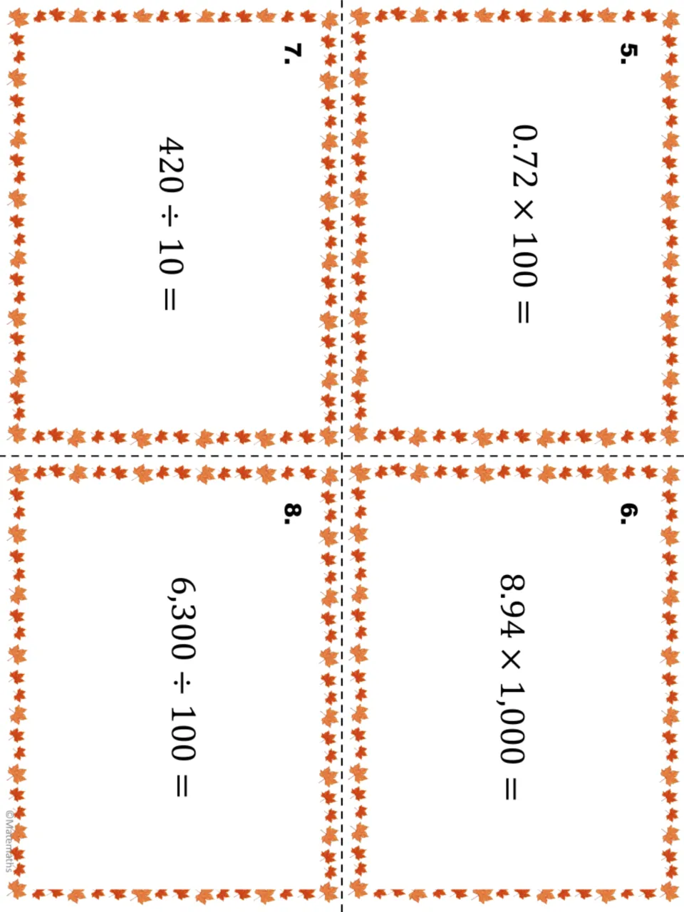 Task cards 5-8: students multiply decimals by 100 and 1,000 and divide whole numbers, as in 0.72 × 100 and 6,300 ÷ 100