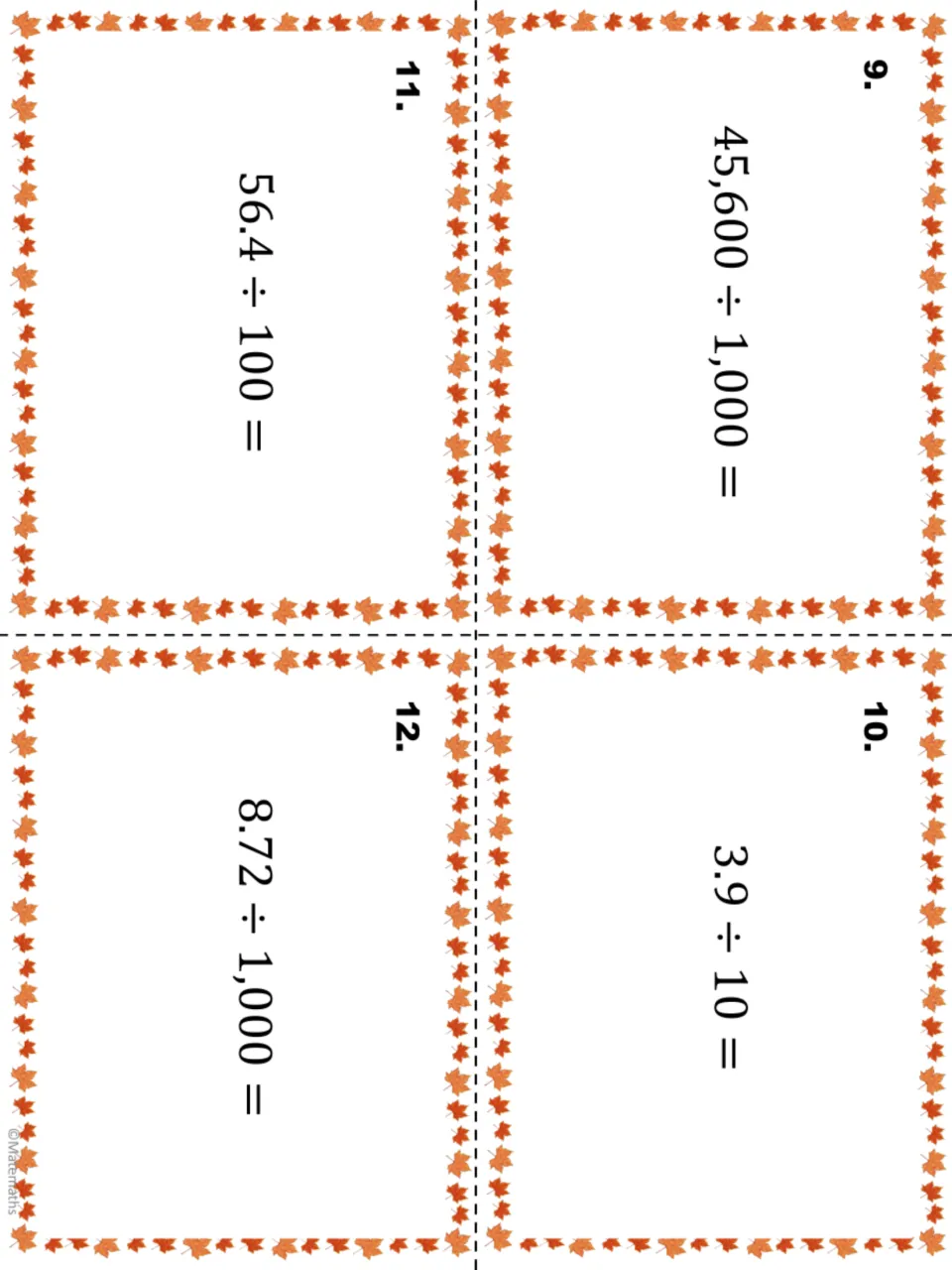 Task cards 9-12, dividing by powers of 10: students solve 45,600 ÷ 1,000, 3.9 ÷ 10, 56.4 ÷ 100 and 8.72 ÷ 1,000