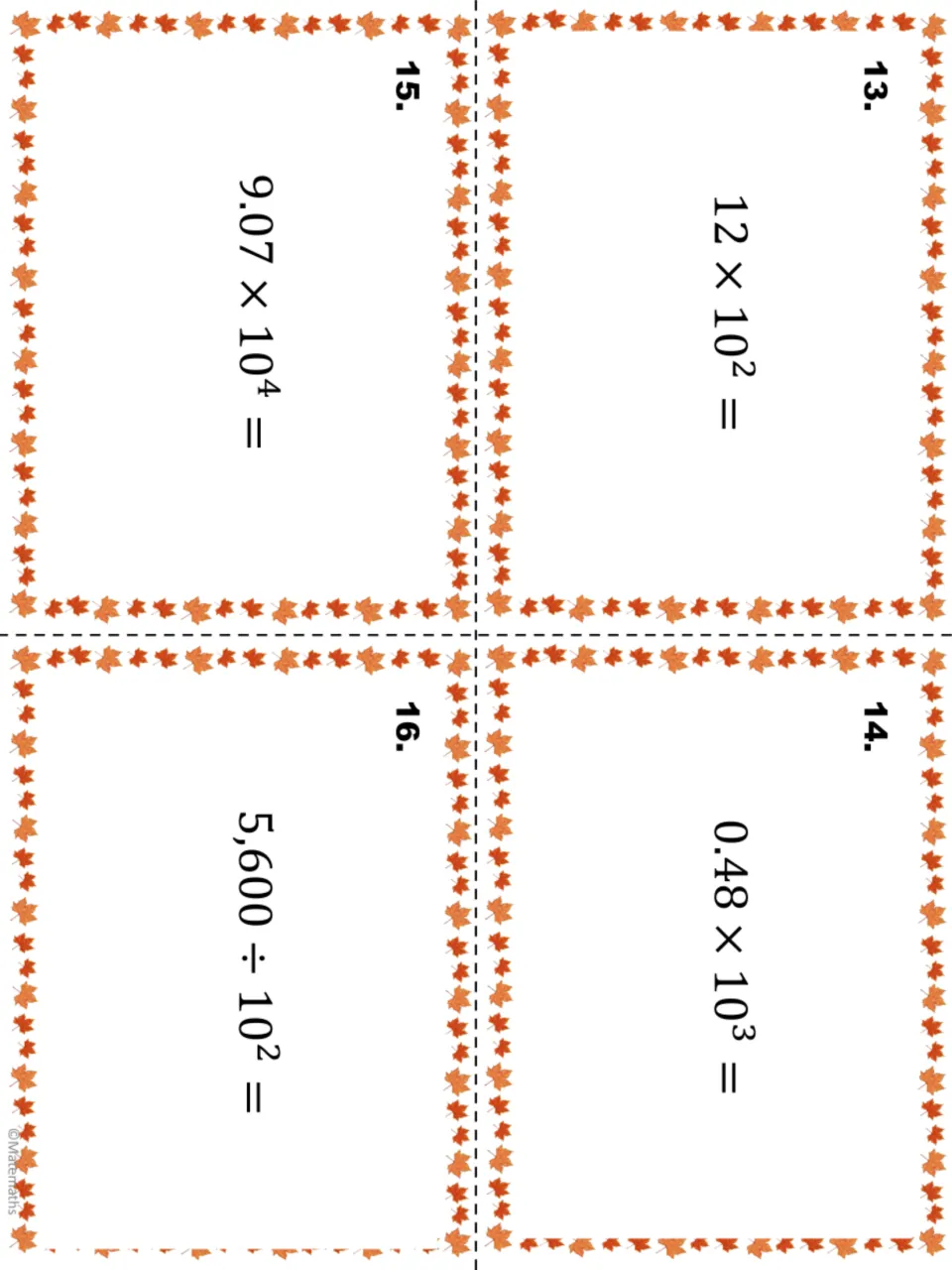Task cards 13-16 with powers of 10 in exponent form: students solve 12 × 10², 0.48 × 10³, 9.07 × 10⁴ and 5,600 ÷ 10²