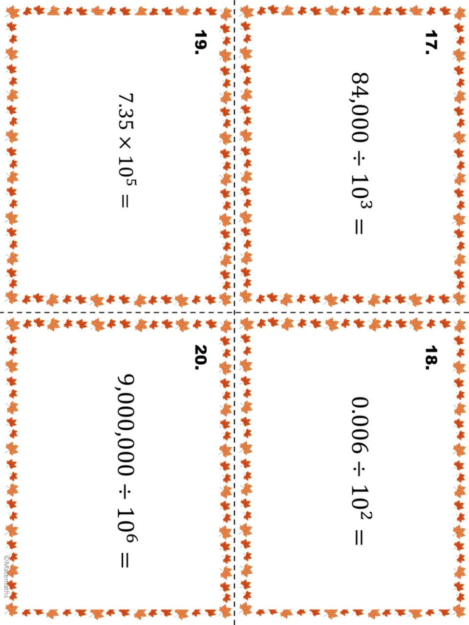 Task cards 17-20 with exponents: students solve 84,000 ÷ 10³, 0.006 ÷ 10², 7.35 × 10⁵ and 9,000,000 ÷ 10⁶