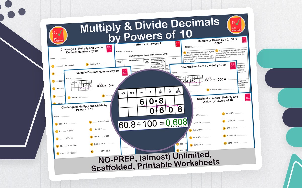 Multiplying and Dividing Decimals by Powers of 10 cover showing scaffolded worksheets, place-value models and a magnified 60.8 รท 100 example.