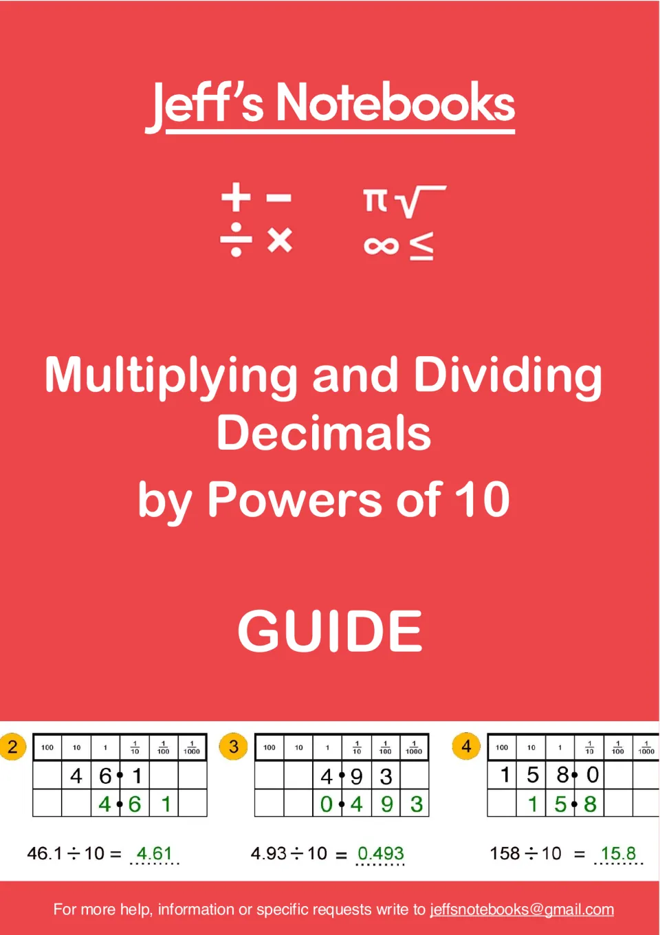 Jeff's Notebooks guide cover for multiplying and dividing decimals by powers of 10, with place value table examples