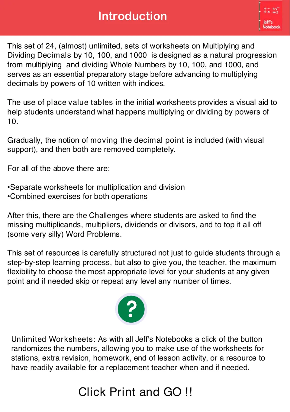 Introduction: how the sets progress from place value tables to moving the decimal point, challenges and word problems