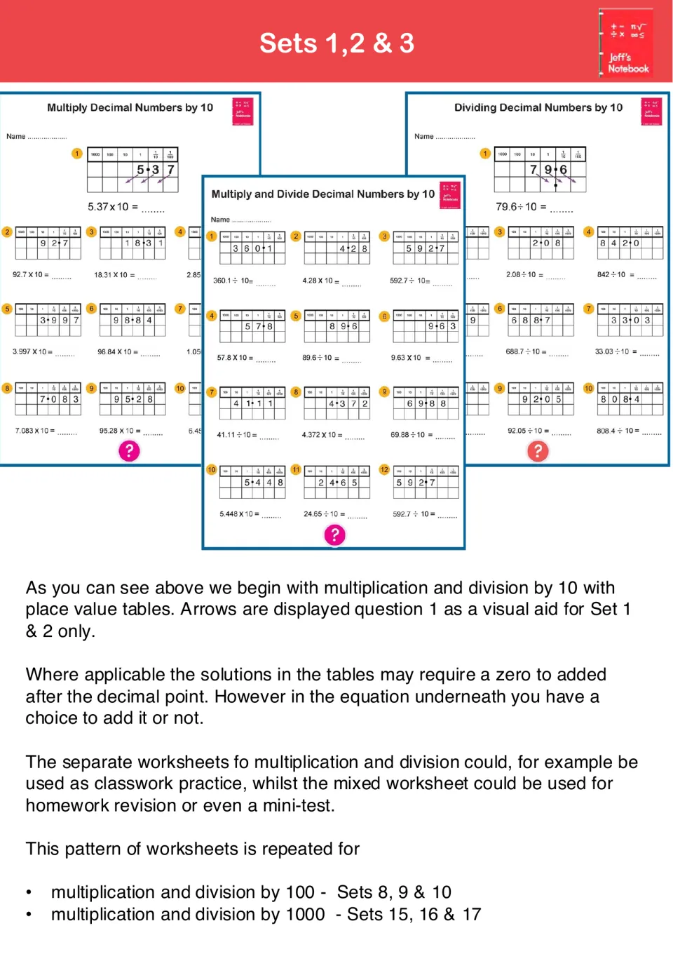 Sets 1 to 3 samples: students multiply and divide decimals by 10 using place value tables, like 5.37 x 10 and 79.6 ÷ 10