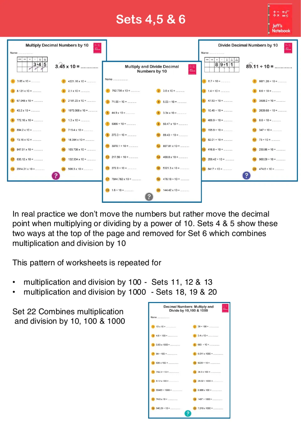 Sets 4 to 6 samples: 20 questions moving the decimal point to multiply or divide by 10; Set 22 mixes 10, 100 and 1000
