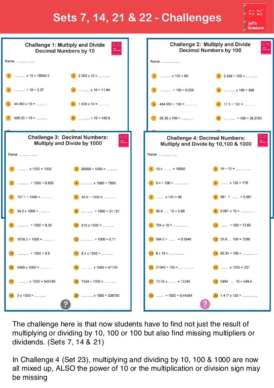 Challenges 1 to 4 samples: students find missing multipliers, dividends or operation signs with 10, 100 and 1000