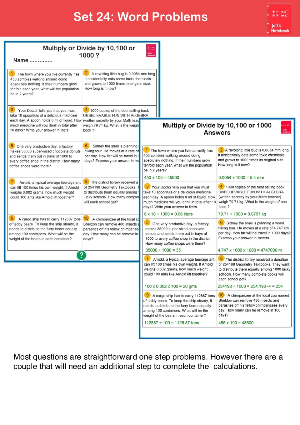 Set 24 word problems: students multiply or divide by 10, 100 or 1000 in silly stories, shown with a matching answer sheet