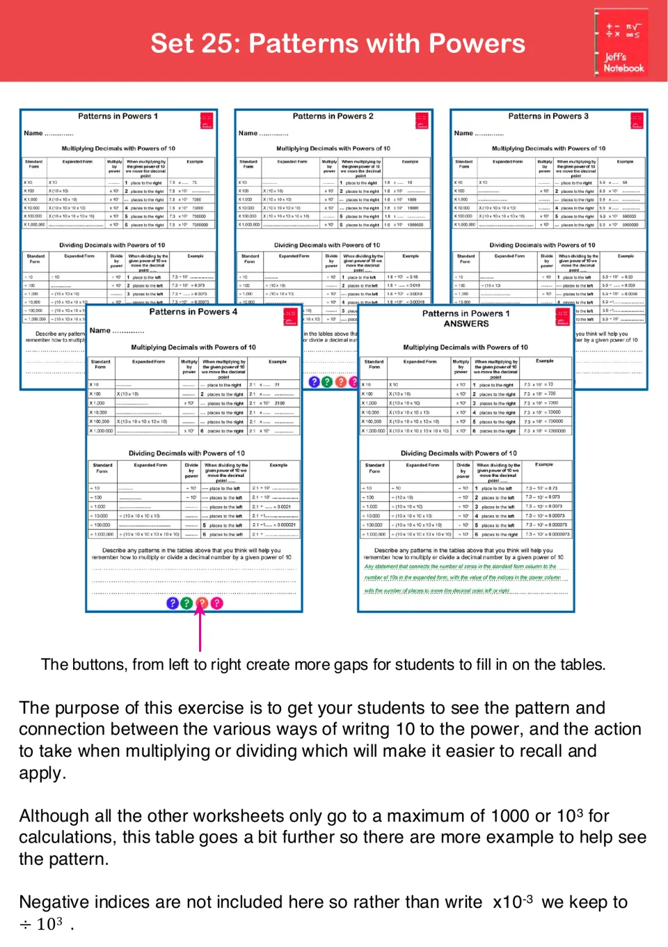 Set 25 patterns in powers: students fill in tables of x10 to x1,000,000 as repeated tens, powers of 10 and decimal moves