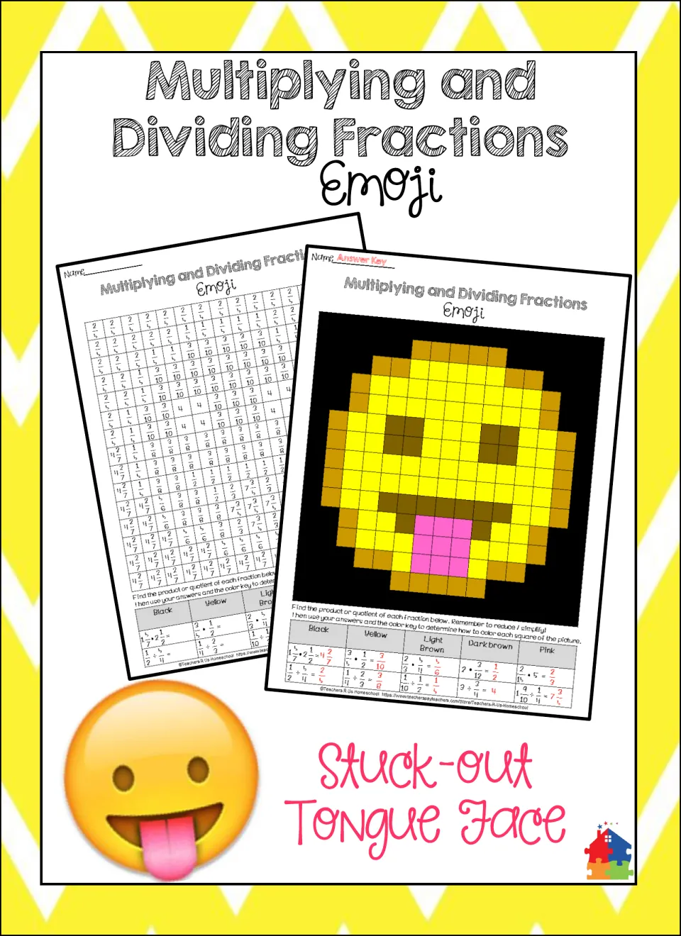Fraction emoji cover: shows the color-by-answer worksheet and answer key that reveal a stuck-out tongue face emoji
