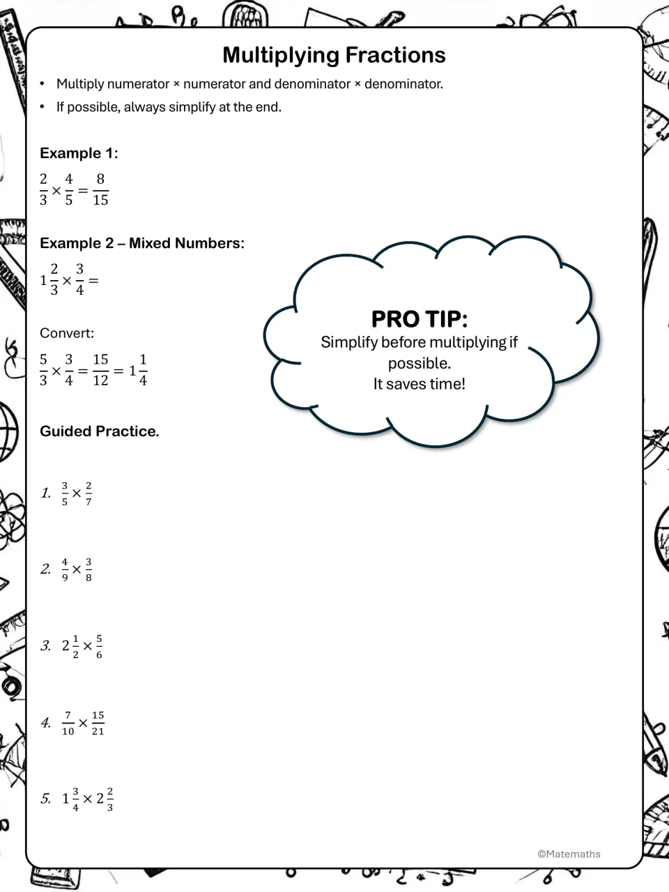 Multiplying fractions notes: rule for numerators and denominators, two worked examples, then 5 guided practice problems