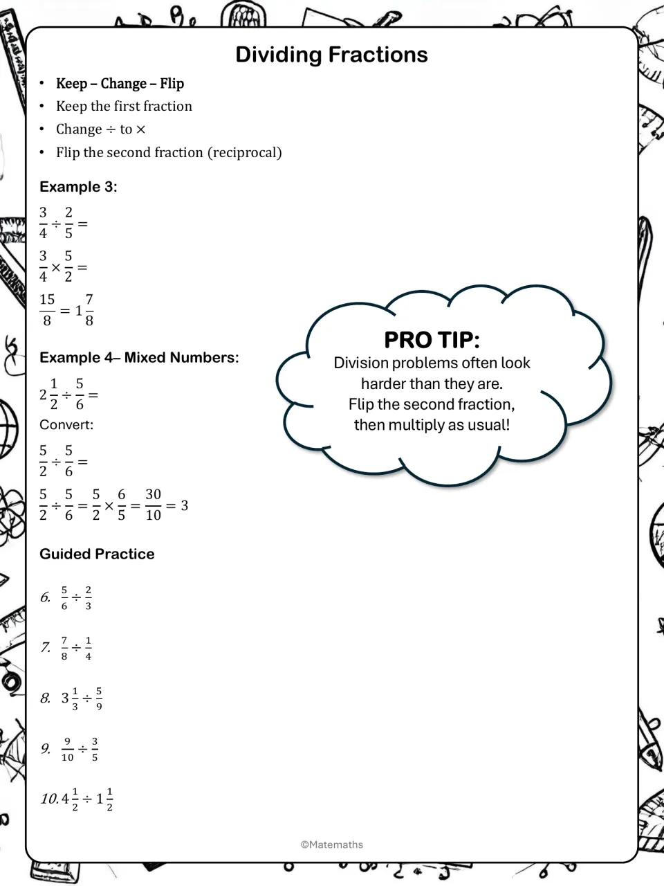 Dividing fractions notes: Keep-Change-Flip steps, two worked examples with mixed numbers, and guided problems 6 to 10