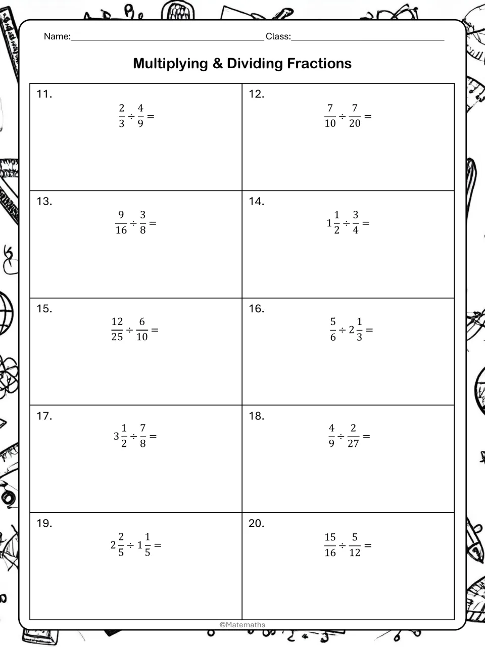 Fraction division practice: students solve problems 11 to 20, dividing proper fractions and mixed numbers