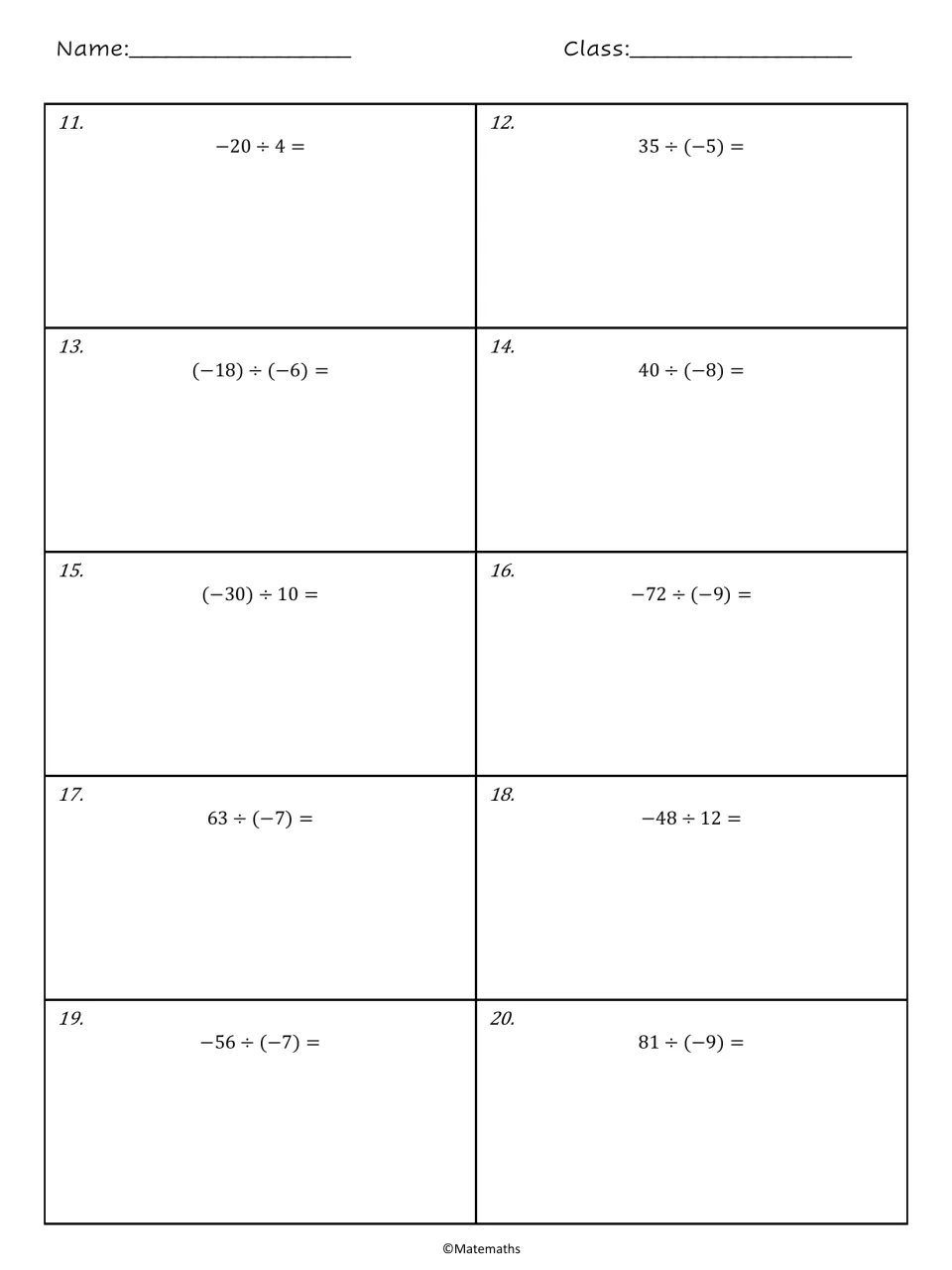 Integer division practice: students find 10 quotients with negative numbers, from −20 ÷ 4 to 81 ÷ (−9)