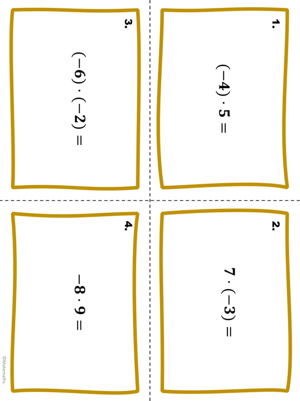 Integer multiplication task cards 1 to 4: students multiply signed numbers such as (−4) · 5 and −8 · 9 on each card