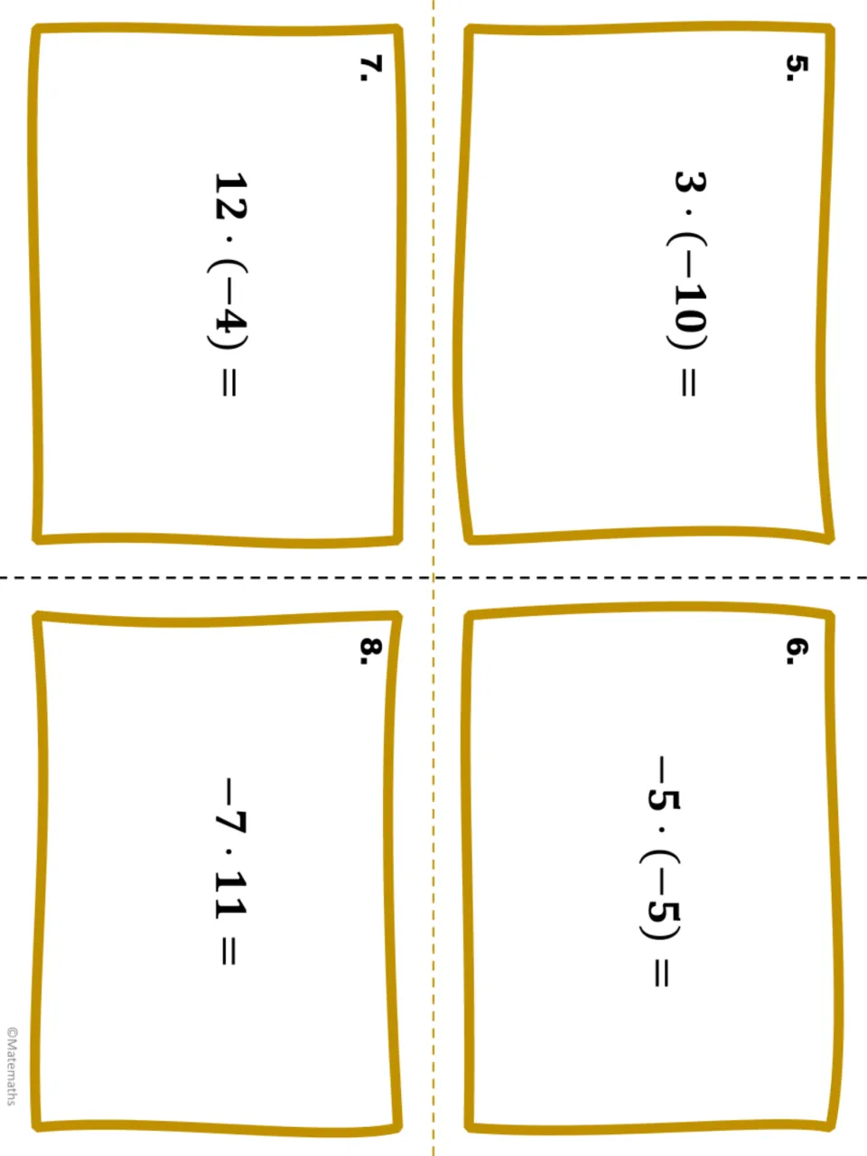 Integer multiplication task cards 5 to 8: students find products like 3 · (−10), −5 · (−5), 12 · (−4) and −7 · 11