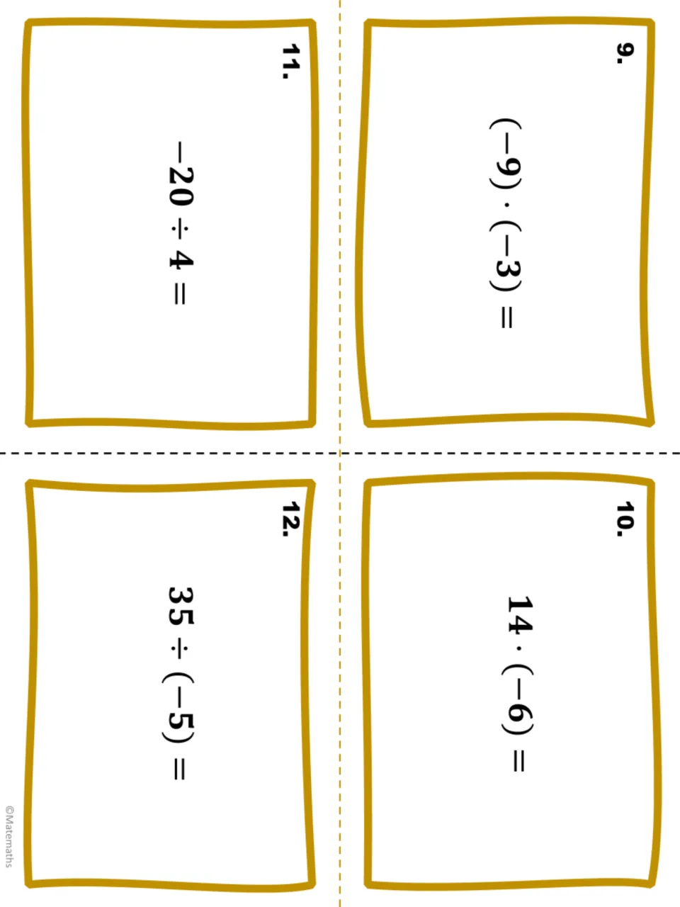 Task cards 9 to 12 mixing integer multiplication and division: (−9) · (−3), 14 · (−6), −20 ÷ 4 and 35 ÷ (−5)