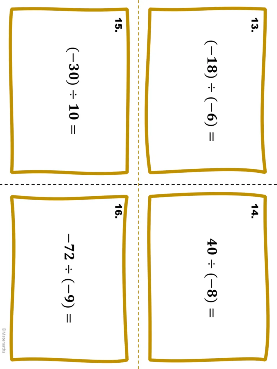Integer division task cards 13 to 16: students divide signed numbers like (−18) ÷ (−6), 40 ÷ (−8) and −72 ÷ (−9)