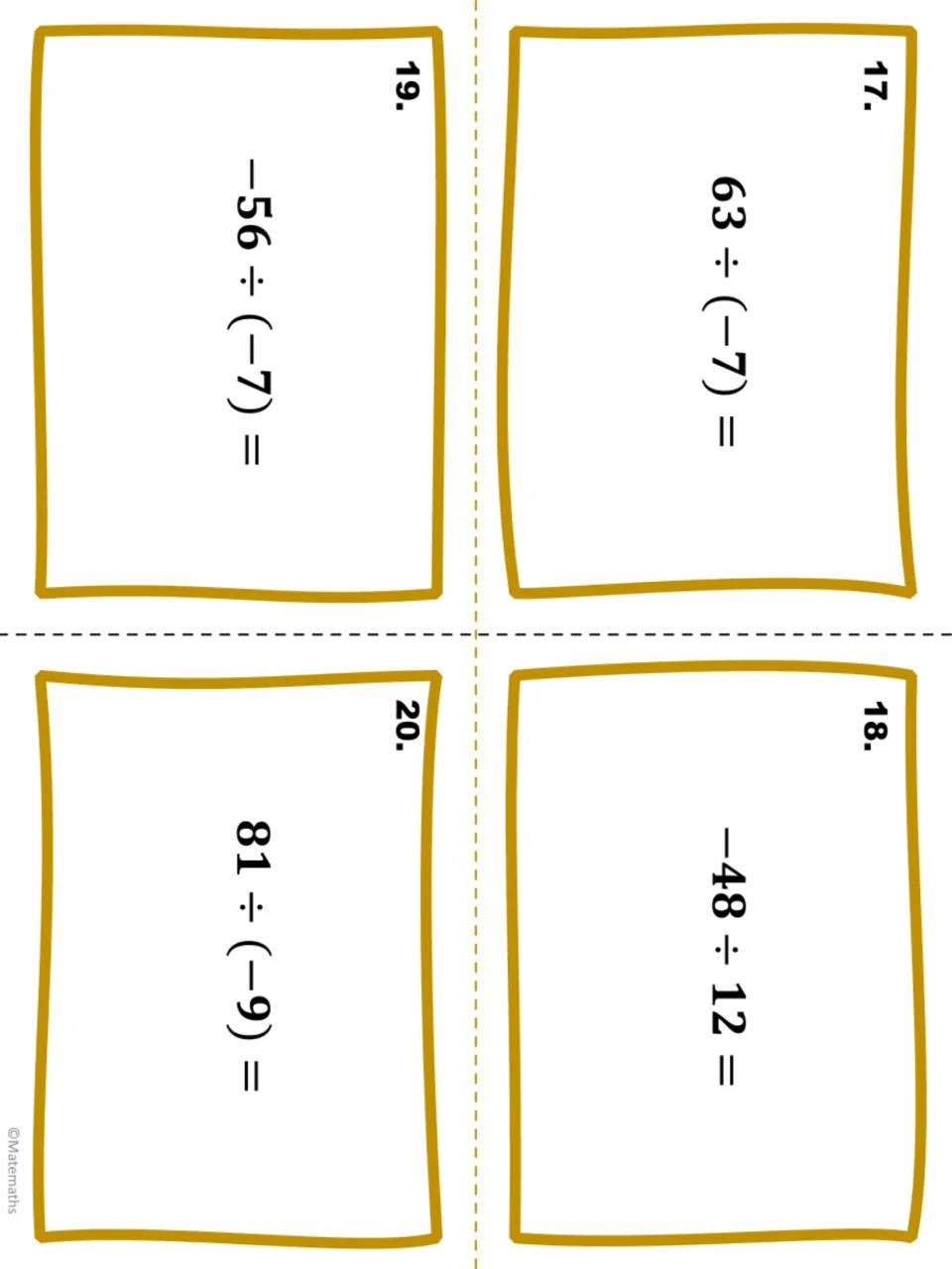 Integer division task cards 17 to 20: students find quotients for 63 ÷ (−7), −48 ÷ 12, −56 ÷ (−7) and 81 ÷ (−9)