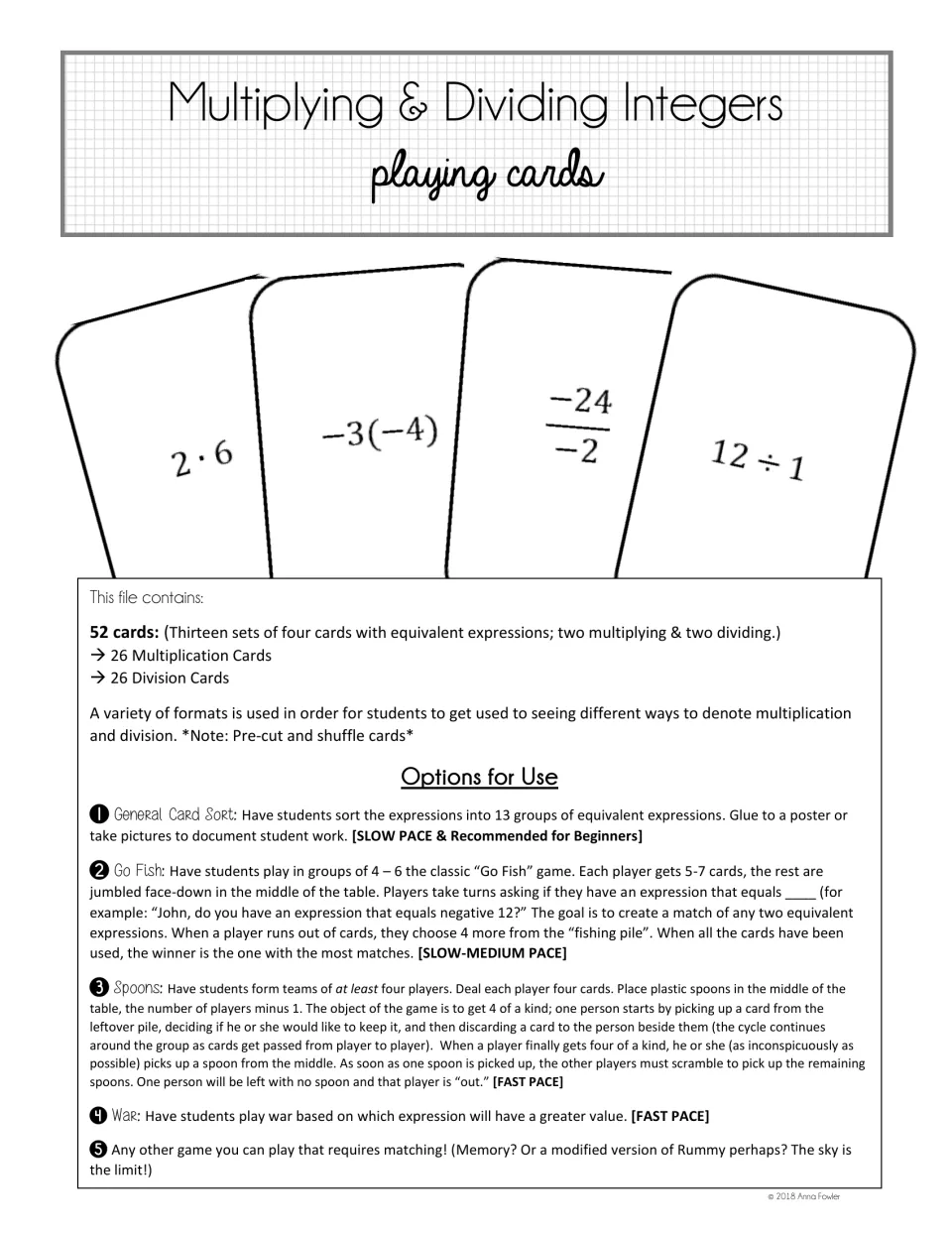 Multiplying & Dividing Integers playing cards: 52 expression cards with rules for card sort, Go Fish, Spoons and War