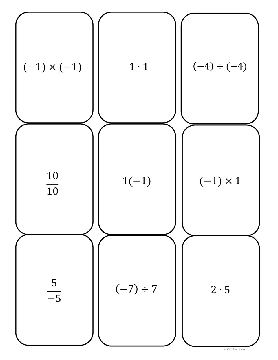 Integer cards with values 1, -1 and 10: students match (-1)×(-1), 1·1, (-4)÷(-4), 1(-1), (-7)÷7 and 5 over -5