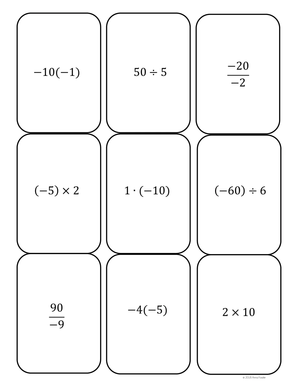 Integer cards equal to 10, -10 and 20: -10(-1), 50÷5, -20 over -2, (-5)×2, (-60)÷6, 90 over -9 and -4(-5) to match