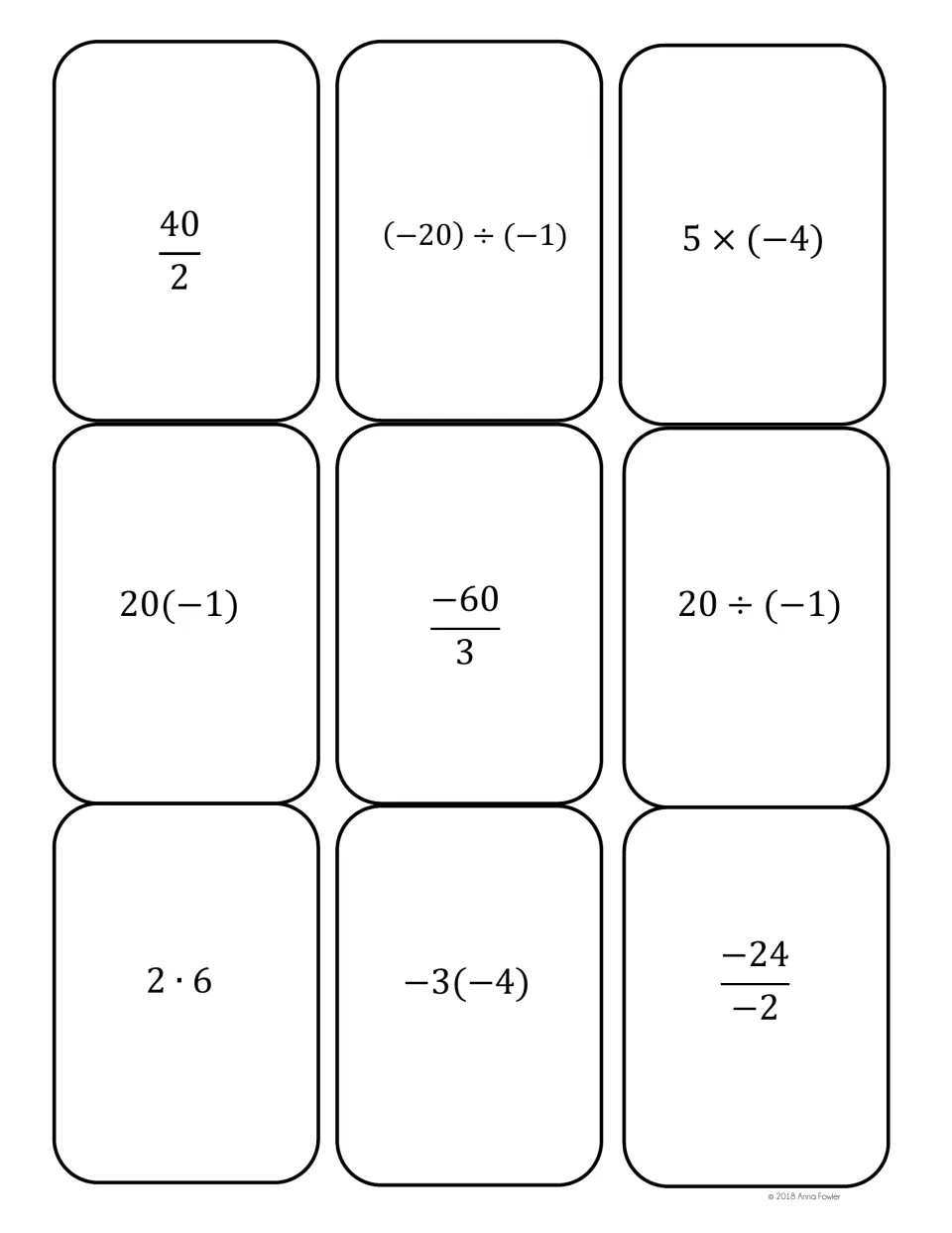 Integer cards equal to 20, -20 and 12: 40 over 2, (-20)÷(-1), 5×(-4), 20(-1), -60 over 3, 2·6, -3(-4) and -24 over -2